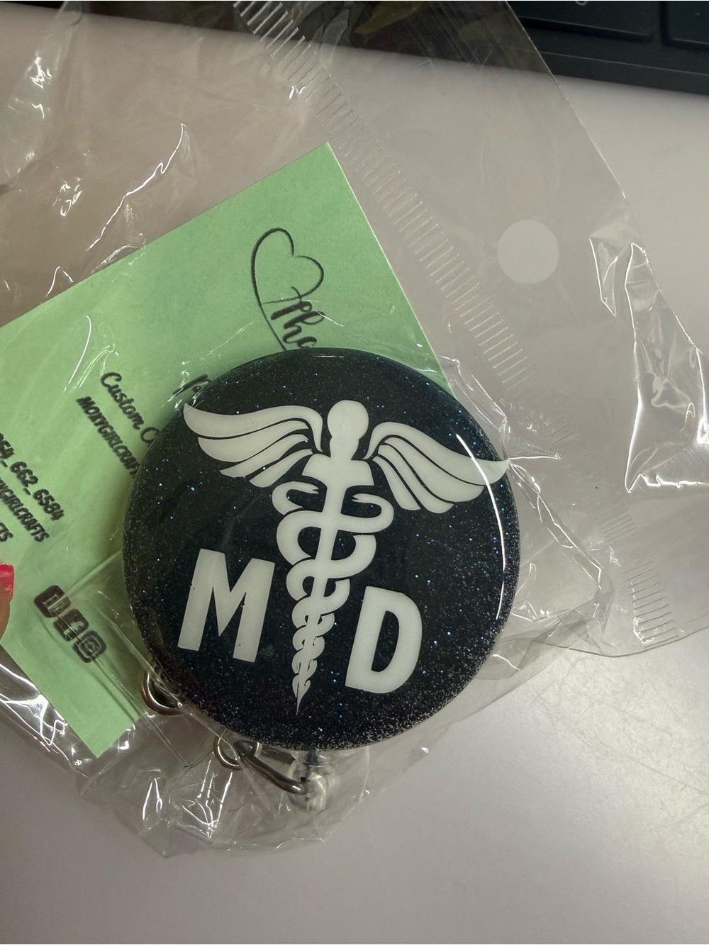 Medical Badge Reel‎ with Caduceus - Black Glitter